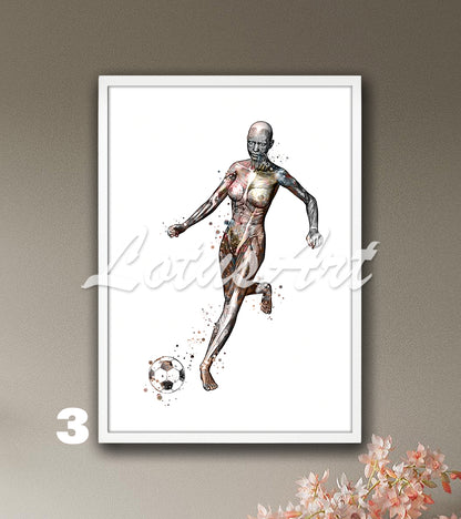 Pastel body muscles anatomy art print of a girl soccer, sports medical watercolor painting.
