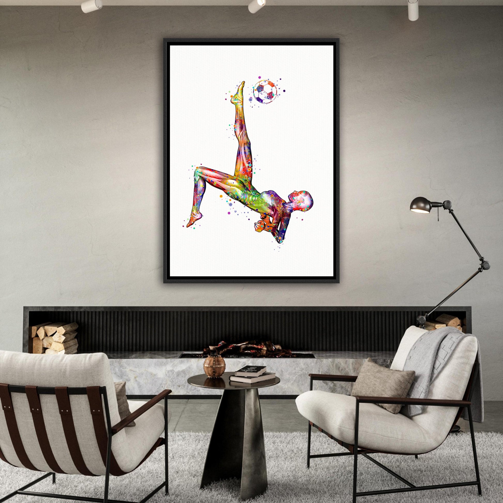 Body muscles anatomy print on canvas of a female soccer, watercolor art of sports medical painting.