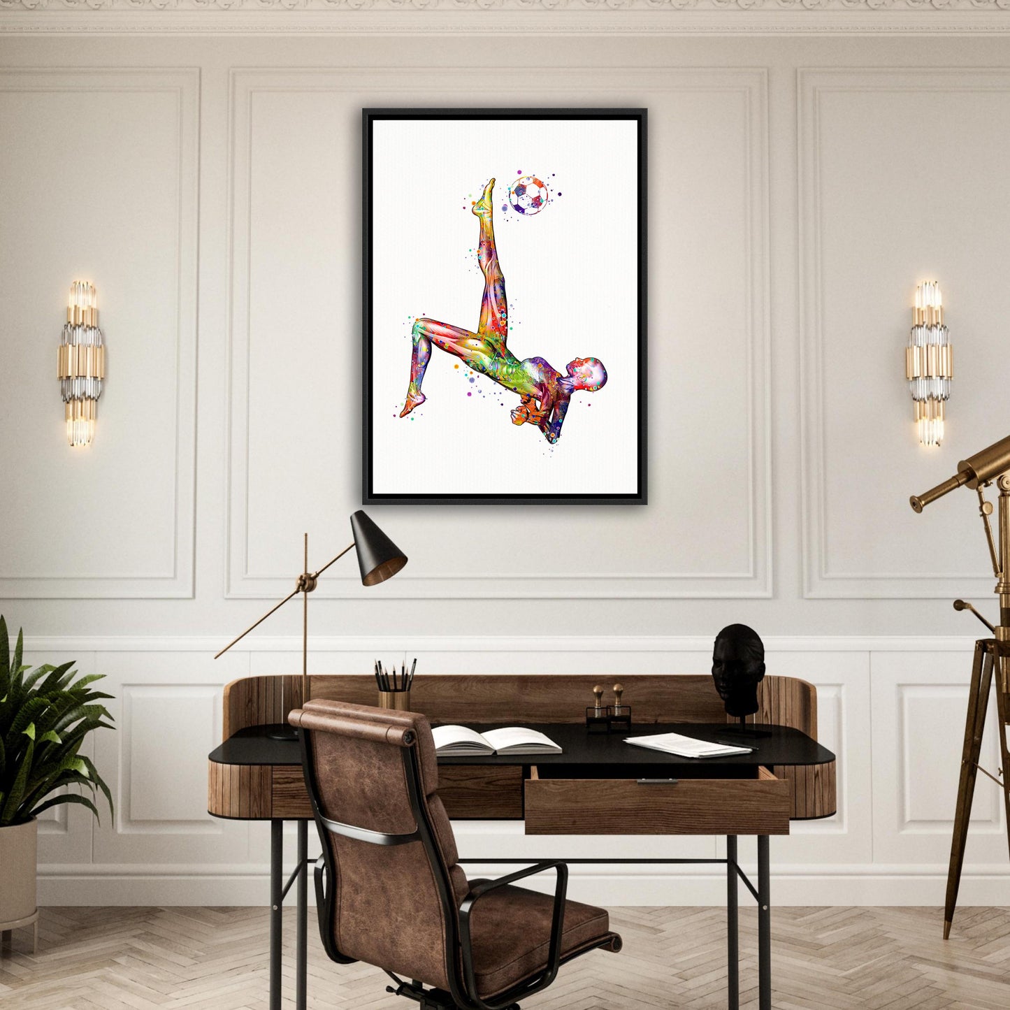 Body muscles anatomy art print on canvas of a female soccer, watercolor artwork of sports medical painting.