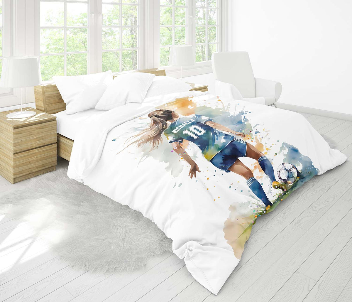 Girl soccer personalized comforter with custom name and number, watercolor sports bedding for teen bedroom decor