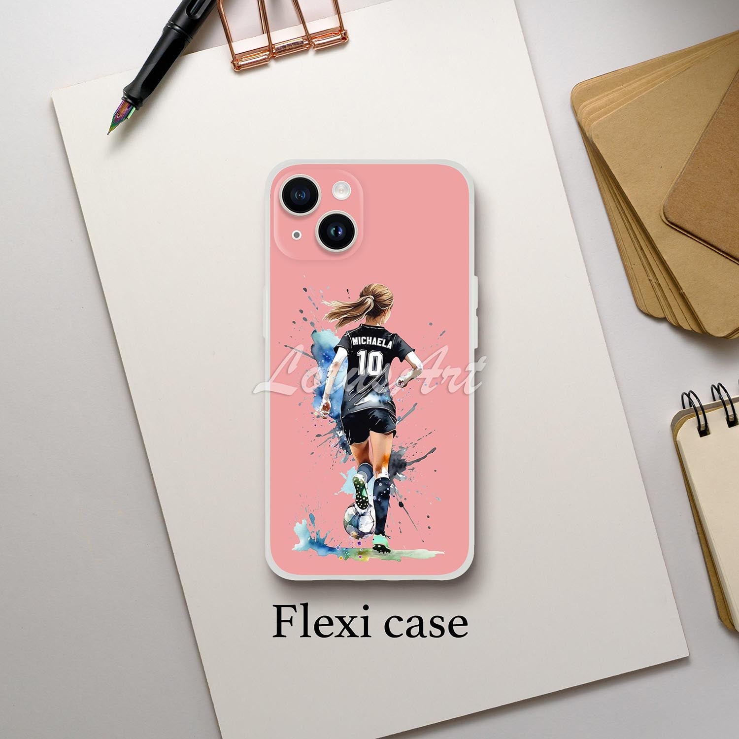 Girl soccer personalized football phone case pink watercolor sports art, custom name & jersey number, flexi case featured