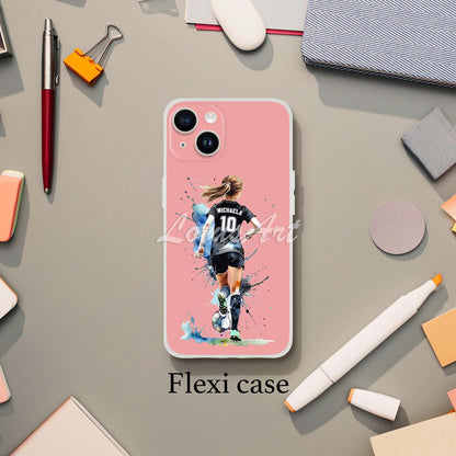 Girl soccer personalized football phone case pink watercolor sports art, custom name & jersey number, flexi case lifestyle