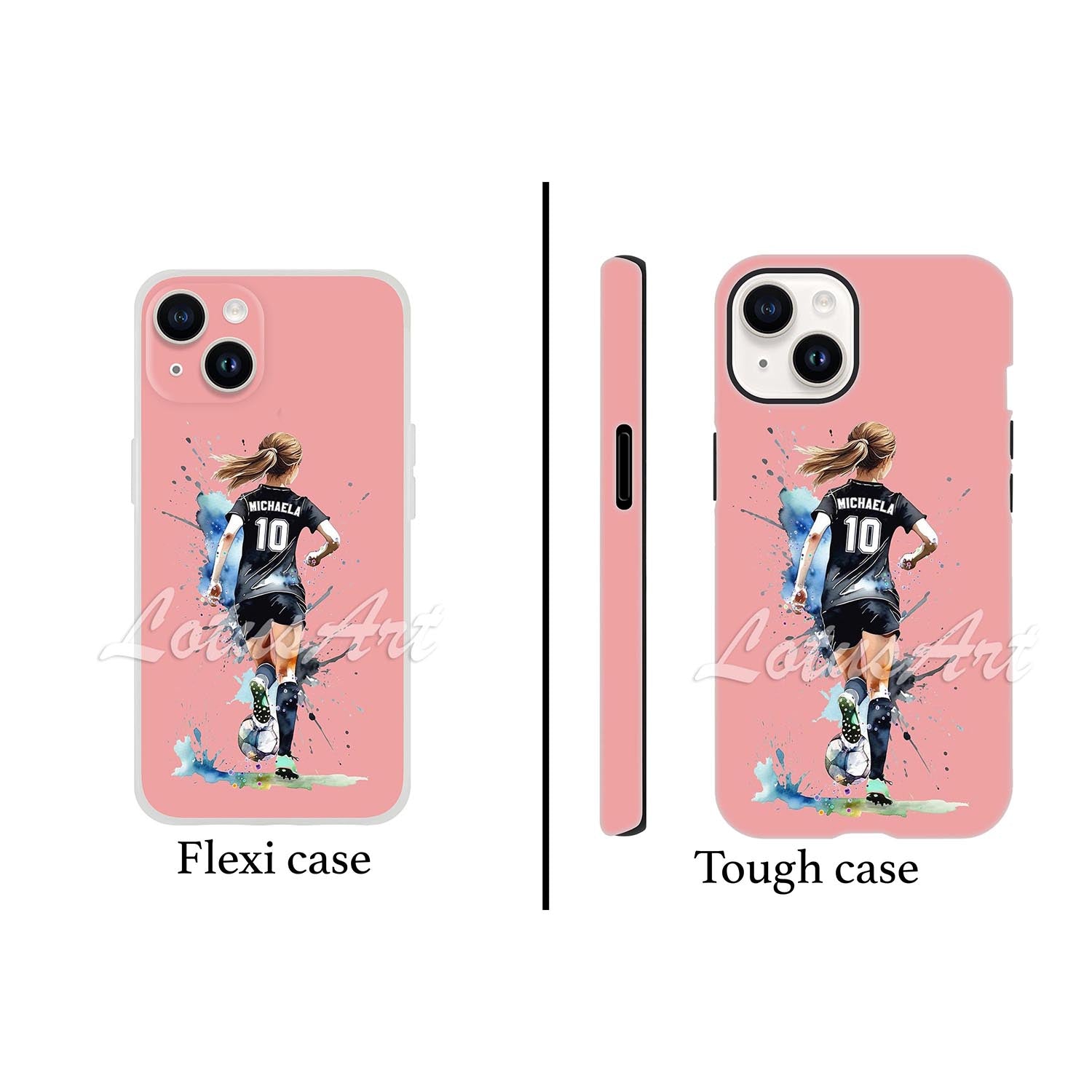 Girl soccer personalized football phone case pink watercolor sports art, custom name & jersey number, flexi and tough case