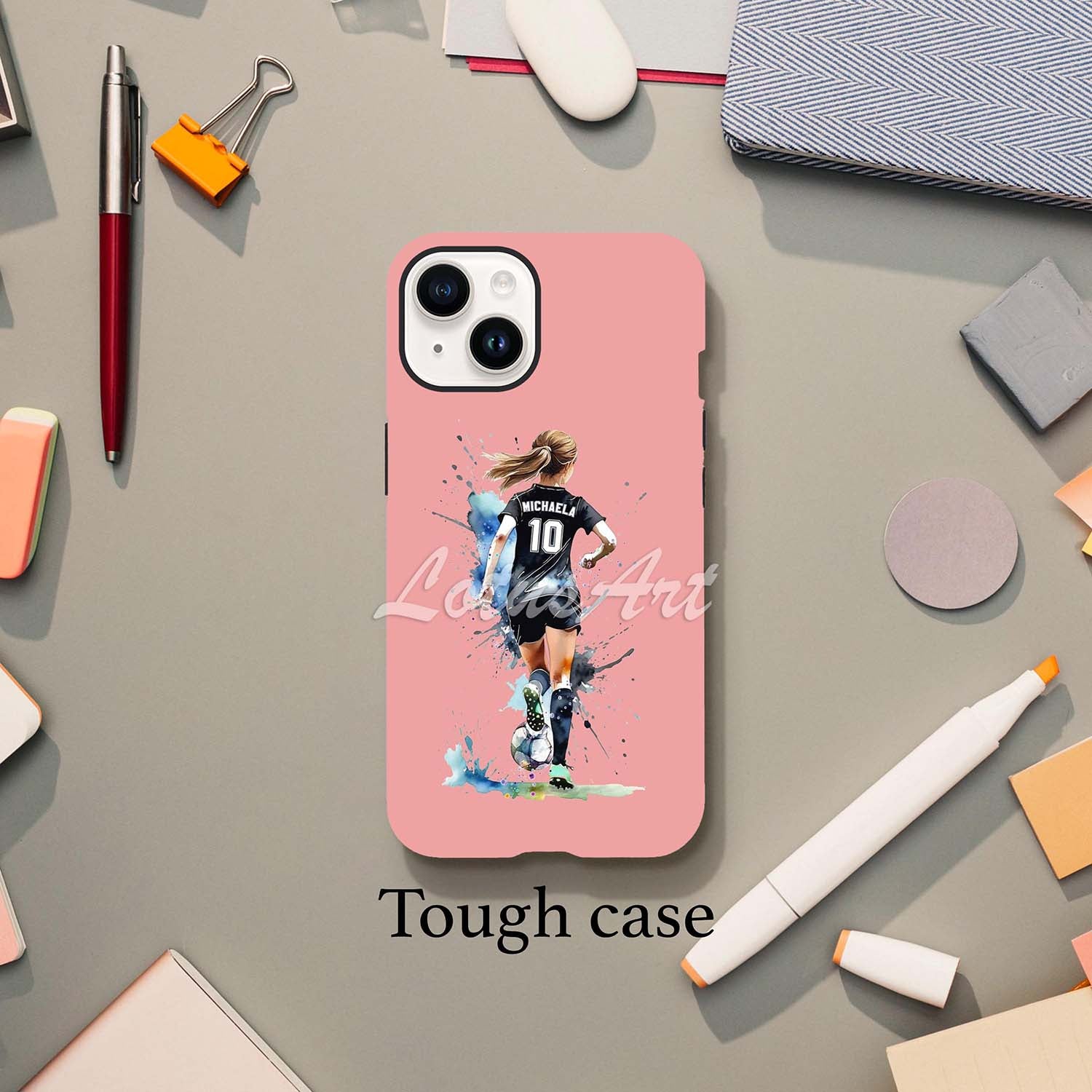 Girl soccer personalized football phone case pink watercolor sports art, custom name & jersey number, tough case lifestyle