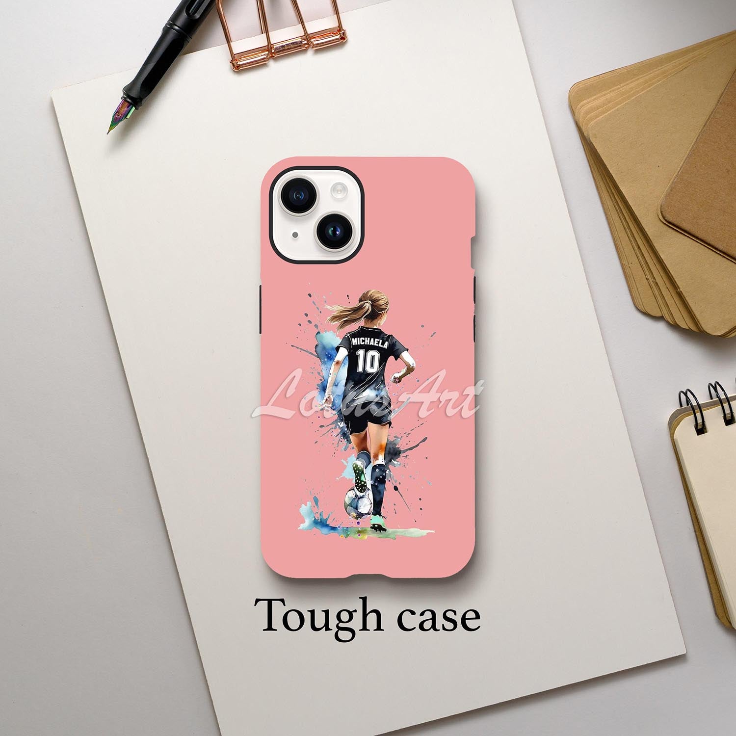 Girl soccer personalized football phone case pink watercolor sports art, custom name & jersey number, tough case lifestyle