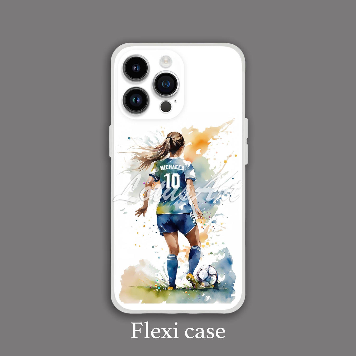 Girl soccer personalized phone case watercolor sports art, custom name & jersey number, flexi case grey background