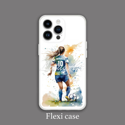 Girl soccer personalized phone case watercolor sports art, custom name & jersey number, flexi case grey background