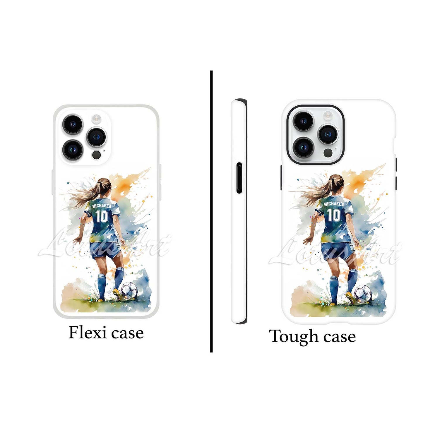 Girl soccer personalized phone case watercolor sports art, custom name & jersey number, flexi and tough case front view
