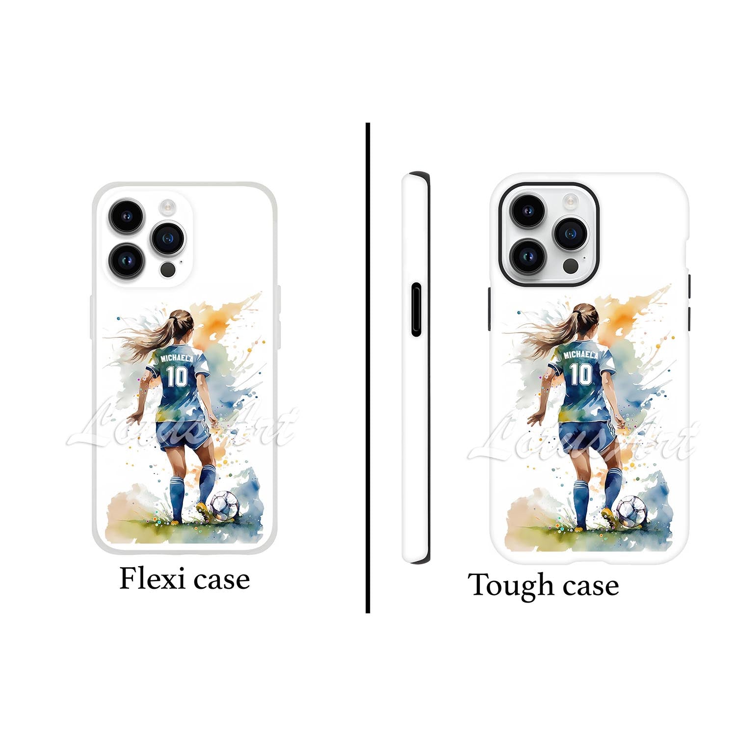 Girl soccer personalized phone case watercolor sports art, custom name & jersey number, flexi and tough case front view