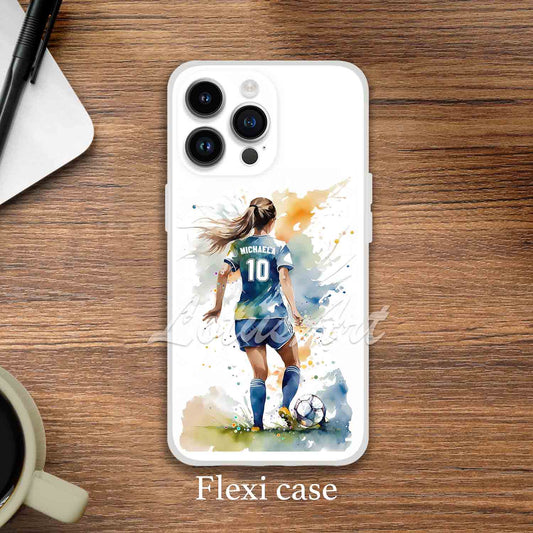 Girl soccer personalized phone case watercolor sports art, custom name & jersey number, flexi case lifestyle