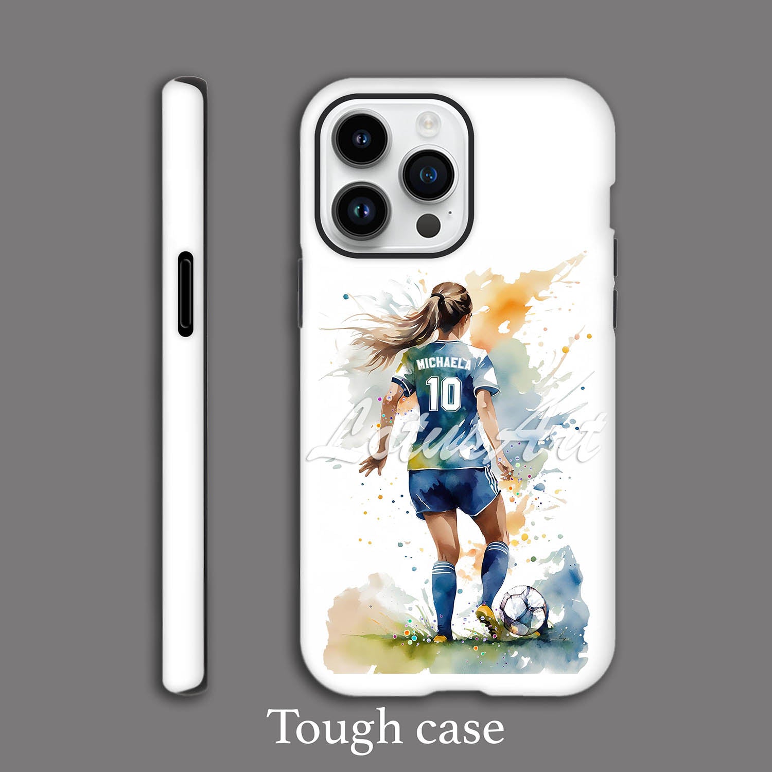 Girl soccer personalized phone case watercolor sports art, custom name & jersey number, tough case grey background