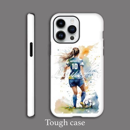 Girl soccer personalized phone case watercolor sports art, custom name & jersey number, tough case grey background