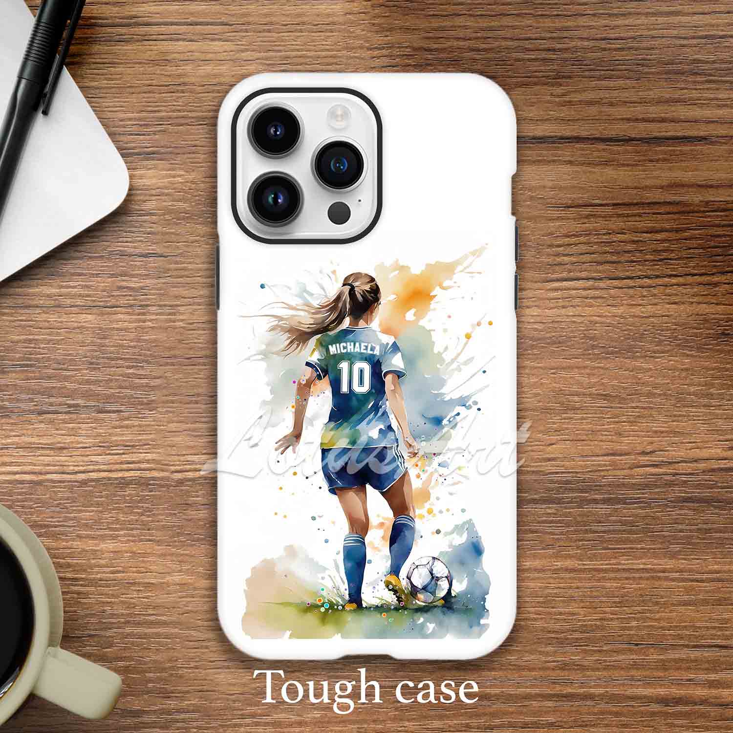 Girl soccer personalized phone case watercolor sports art, custom name & jersey number, tough case lifestyle