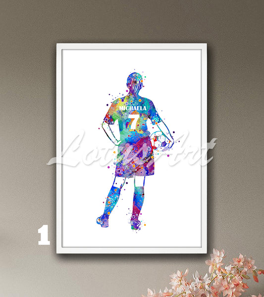 Custom sports art print depicting a girl soccer player – multicolor watercolor painting with name and jersey number.