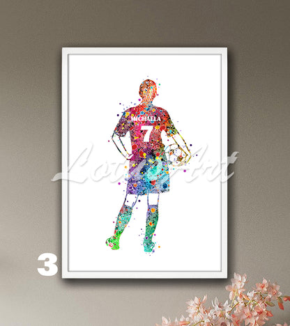 Custom sports art print depicting a girl soccer player – watercolor painting in rainbow colors with name and jersey number.