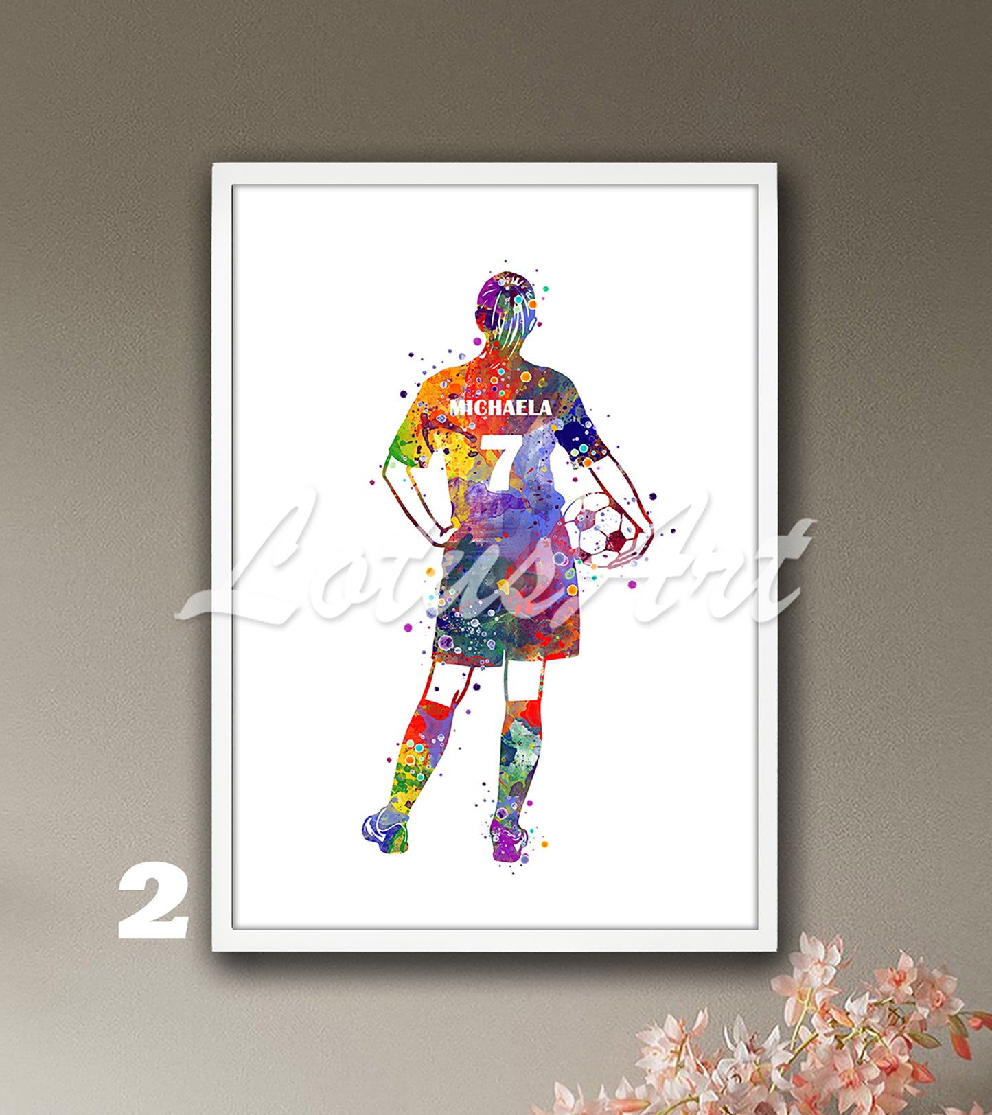 Custom sports art print depicting a girl soccer player – multicolor watercolor painting with name and jersey number.