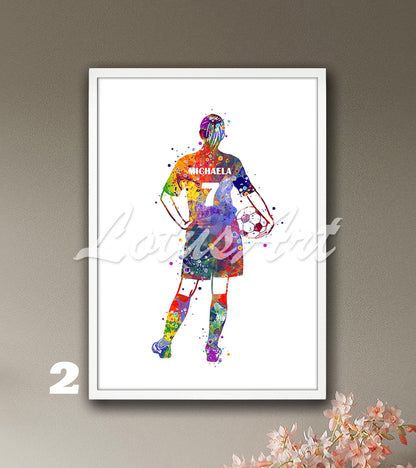 Custom sports art print depicting a girl soccer player – multicolor watercolor painting with name and jersey number.