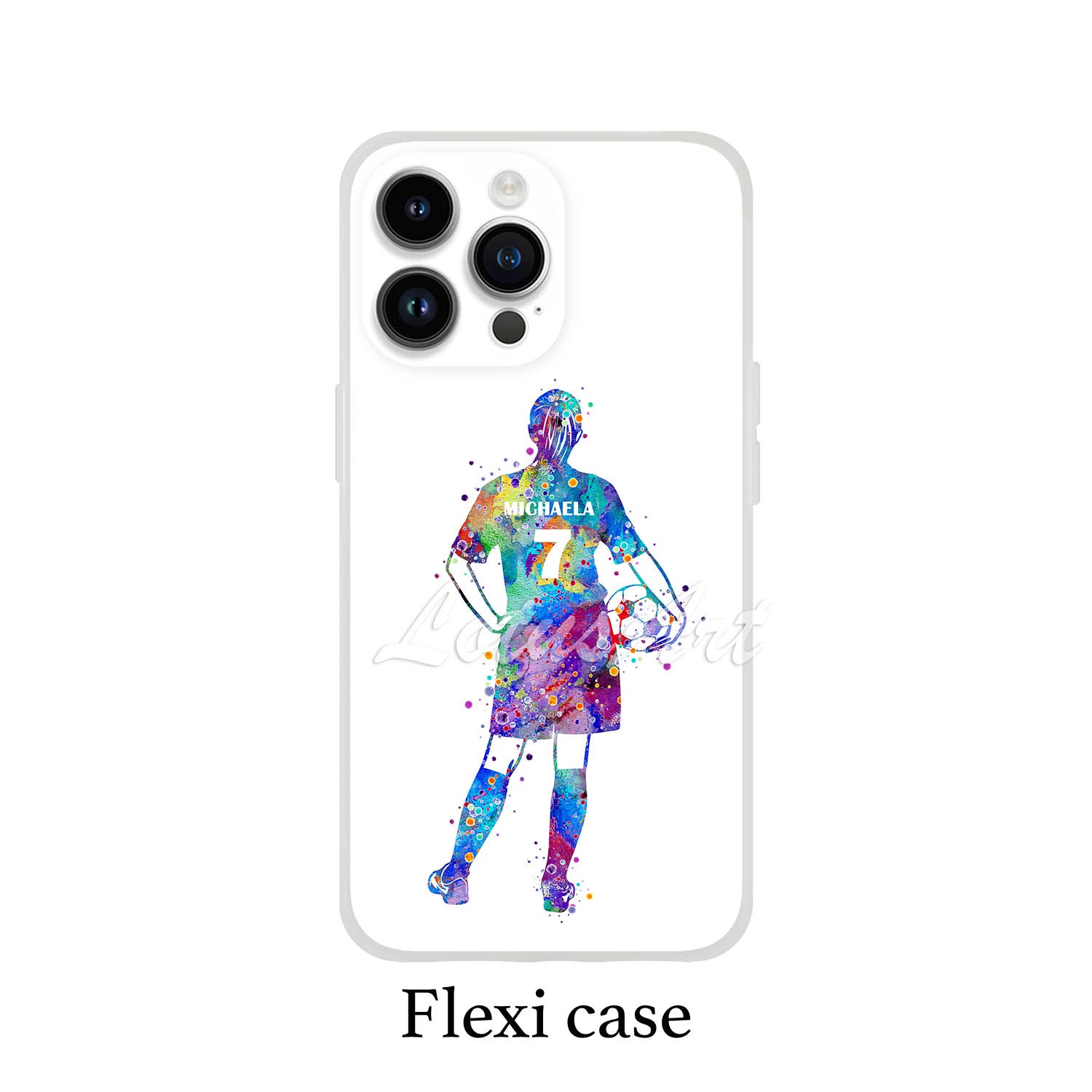 Girl soccer personalized phone case blue-purple watercolor silhouette, custom name & jersey number, flexi case back view