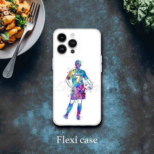 Girl soccer personalized phone case blue-purple watercolor silhouette, custom name & jersey number, flexi case featured
