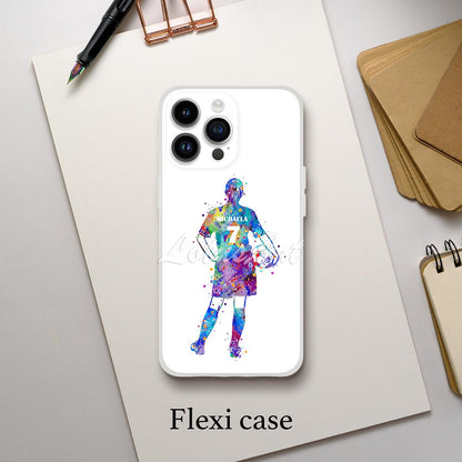 Girl soccer personalized phone case blue-purple watercolor silhouette, custom name & jersey number, flexi case lifestyle