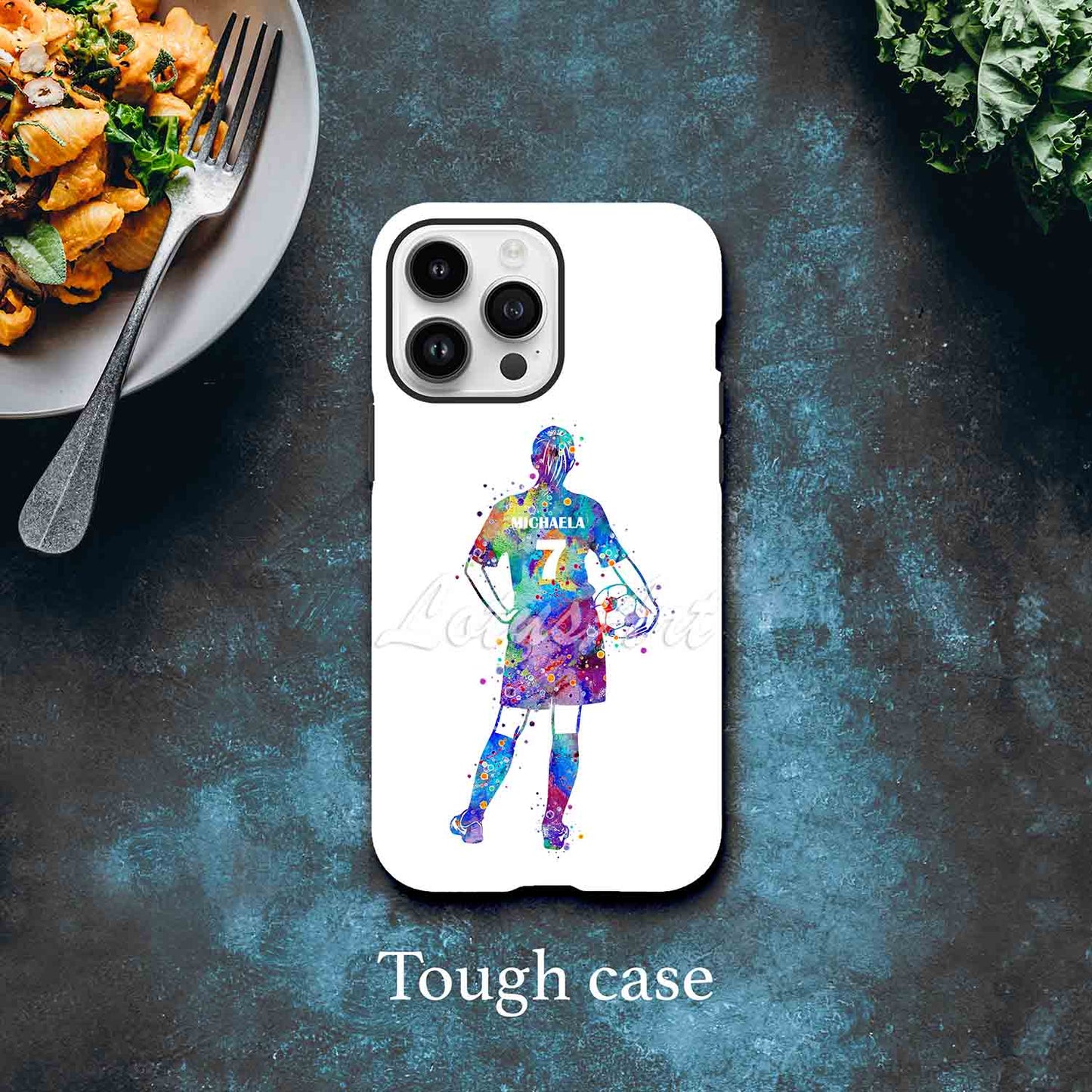Girl soccer personalized phone case blue-purple watercolor silhouette, custom name & number, tough case dark bg