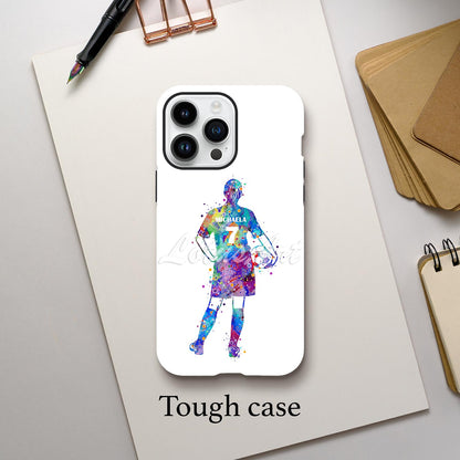 Girl soccer personalized phone case blue-purple watercolor silhouette, custom name & jersey number, tough case lifestyle