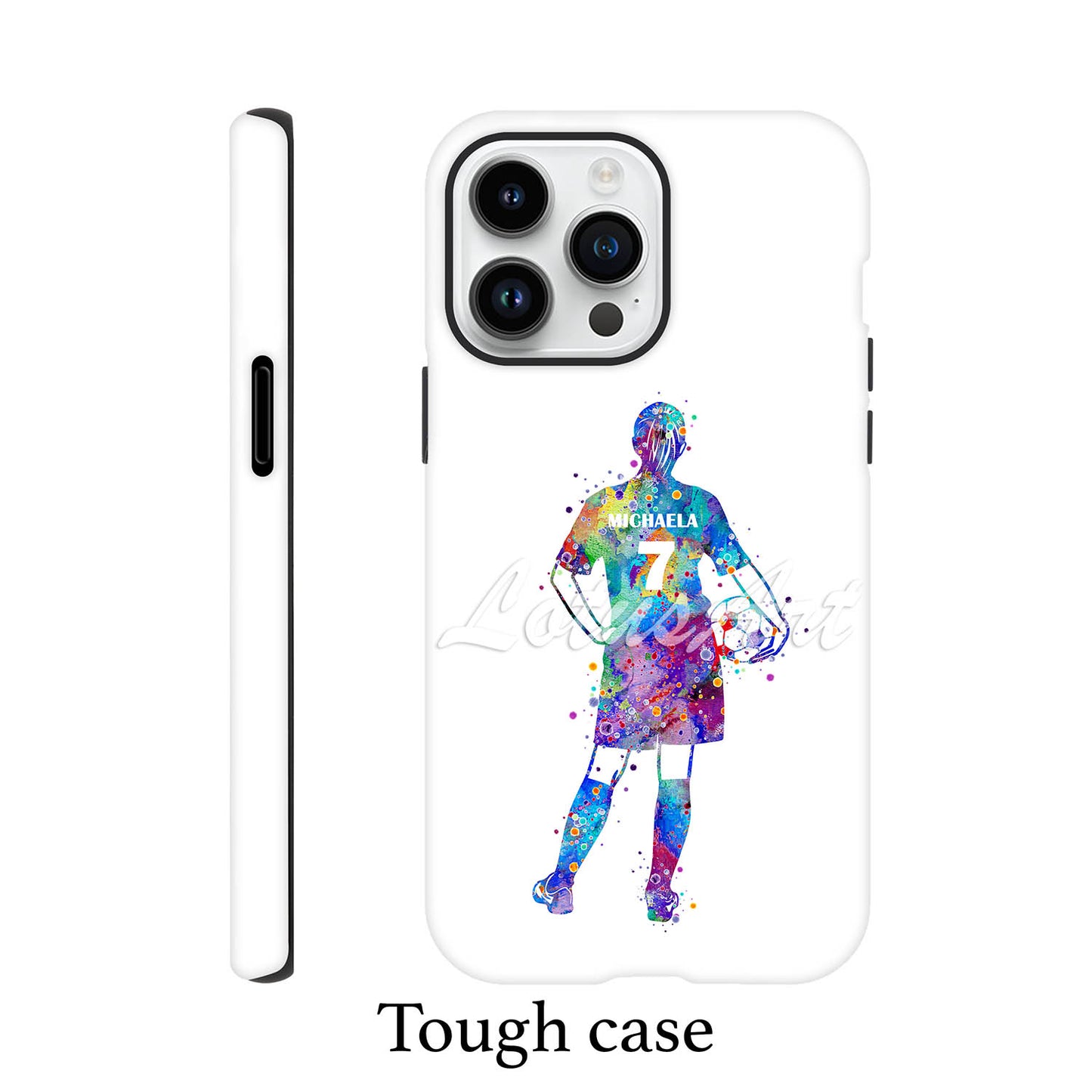 Girl soccer personalized phone case blue-purple watercolor silhouette, custom name & jersey number, tough case white bg