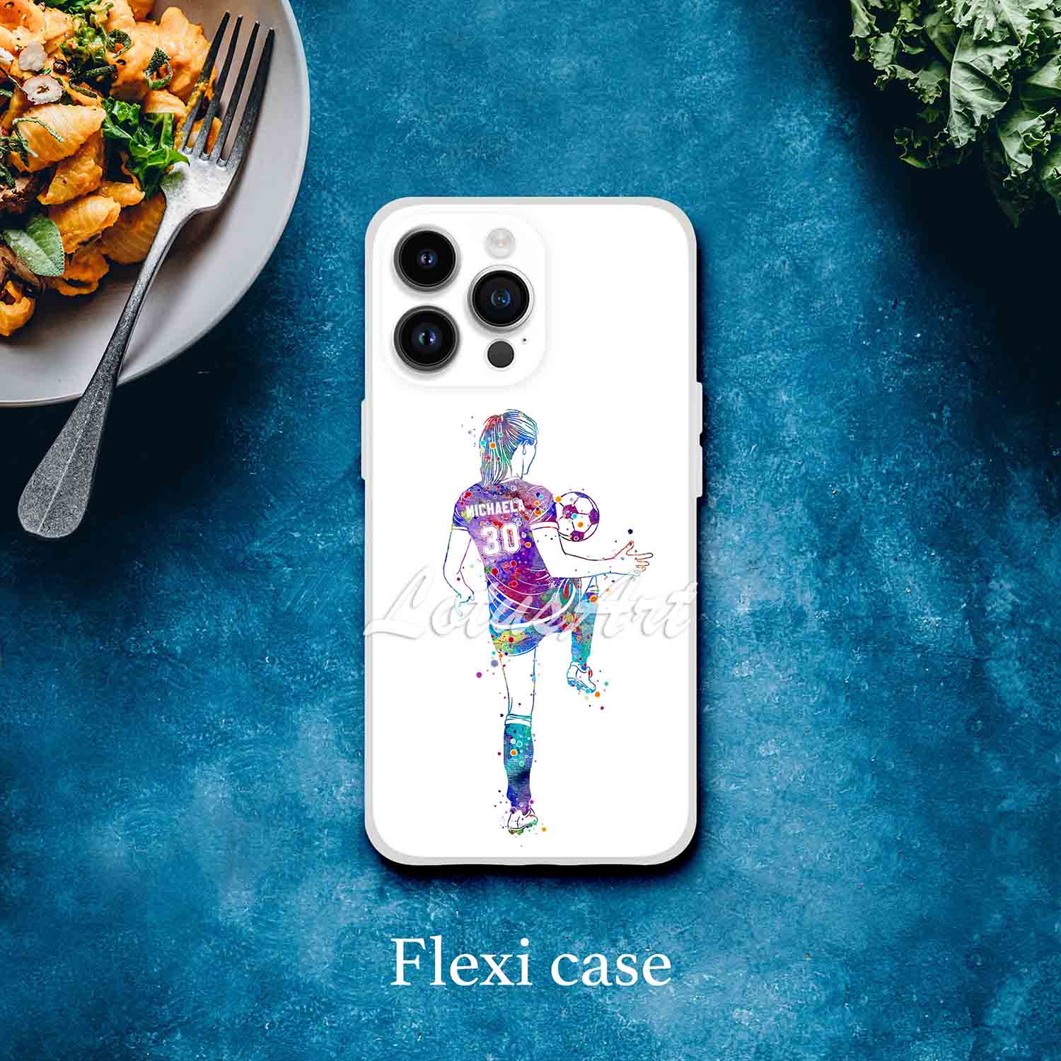Girl soccer personalized sports phone case watercolor football art, custom name & jersey number, flexi case lifestyle