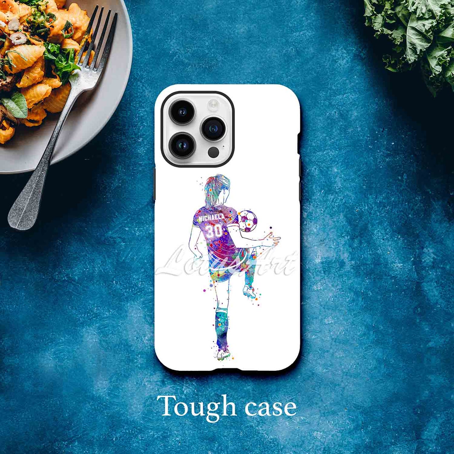 Girl soccer personalized sports phone case watercolor football art, custom name & jersey number, tough case lifestyle