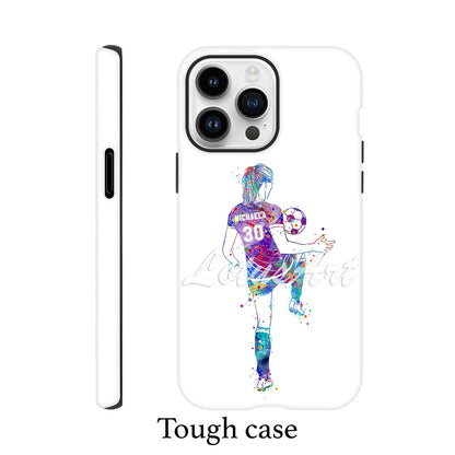Girl soccer personalized sports phone case watercolor football art, name & jersey number, tough case front & side view