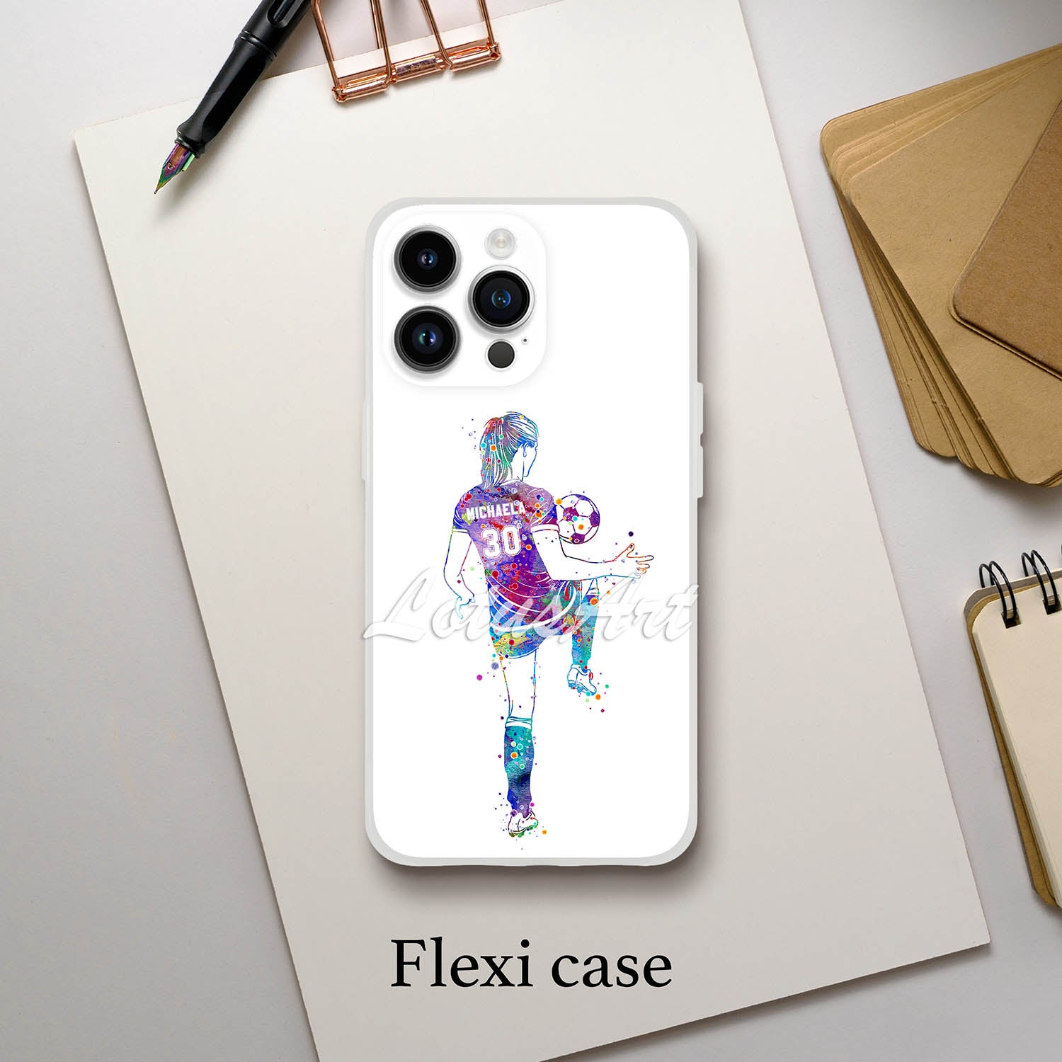 Girl soccer personalized sports phone case watercolor football art, dribbling girl player, name & number, flexi case iPhone