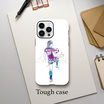 Girl soccer personalized sports phone case watercolor football art, dribbling girl player, name & number, tough case iPhone