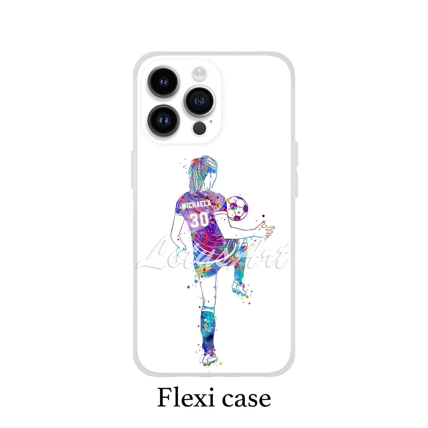 Girl soccer personalized sports phone case watercolor football art, custom name & jersey number, flexi case front view