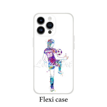 Girl soccer personalized sports phone case watercolor football art, custom name & jersey number, flexi case front view