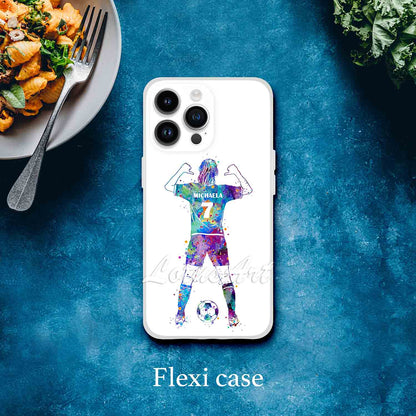 Girl soccer personalized sports phone case purple-blue watercolor, thumbs pointing to name & number, flexi case blue bg