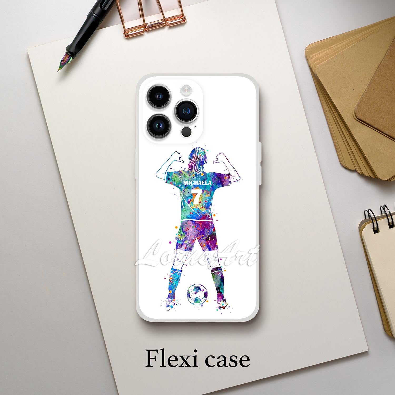 Girl soccer personalized sports phone case purple-blue watercolor, thumbs pointing to name & number, flexi case lifestyle