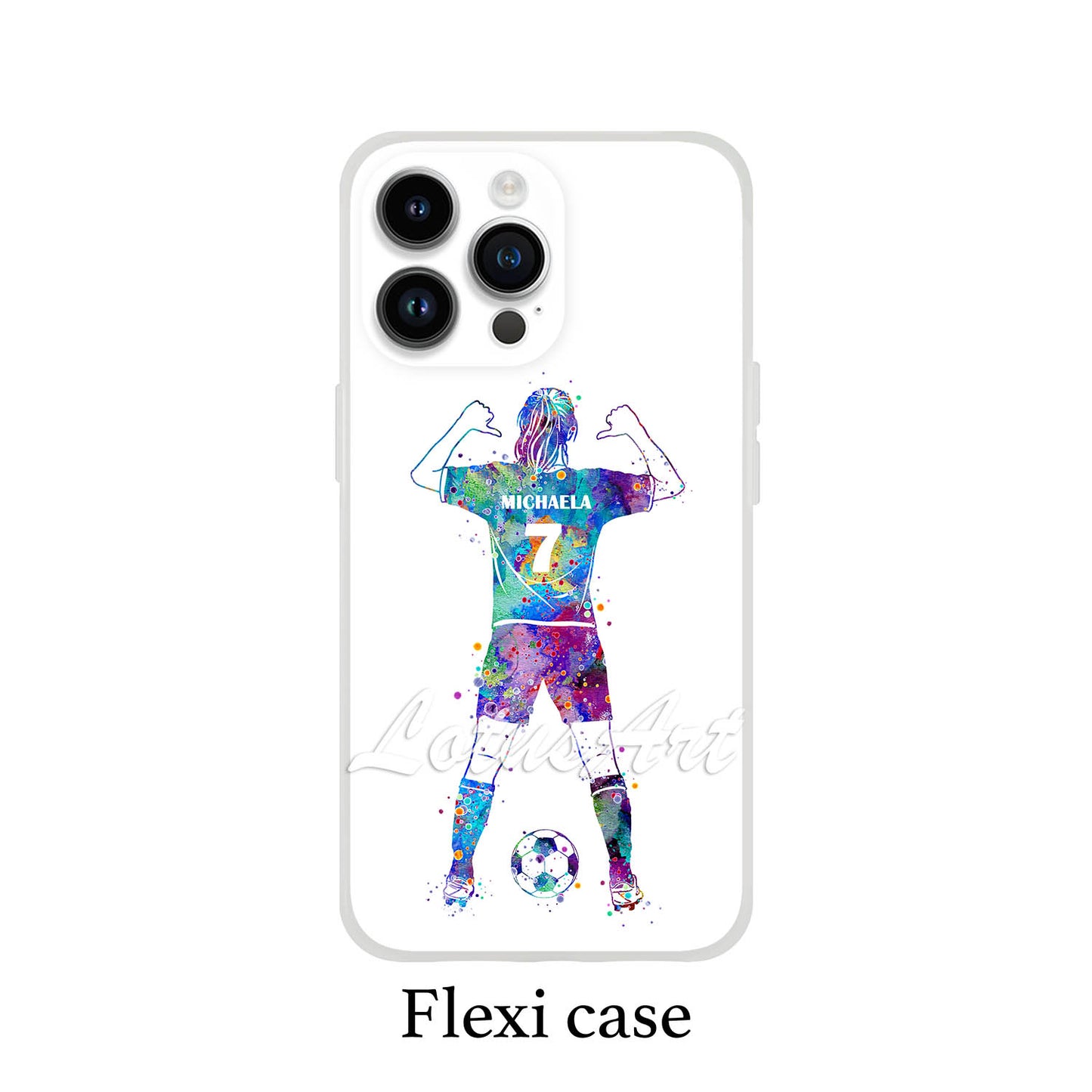 Girl soccer personalized sports phone case purple-blue watercolor, thumbs pointing to name & number, flexi case white bg
