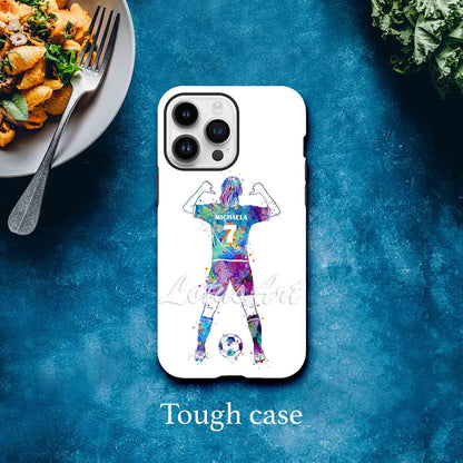 Girl soccer personalized sports phone case purple-blue watercolor, thumbs pointing to name & number, tough case blue bg