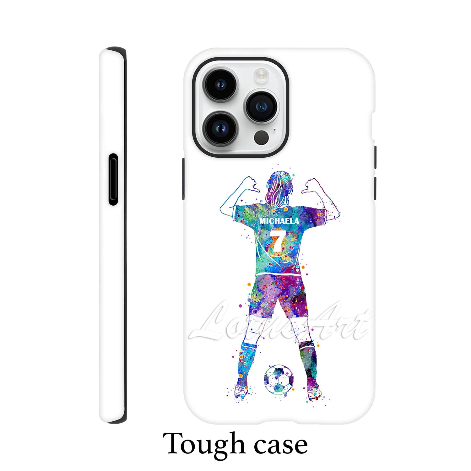 Girl soccer personalized sports phone case purple-blue watercolor, thumbs pointing to name & number, tough case featured