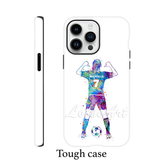 Girl soccer personalized sports phone case purple-blue watercolor, thumbs pointing to name & number, tough case featured
