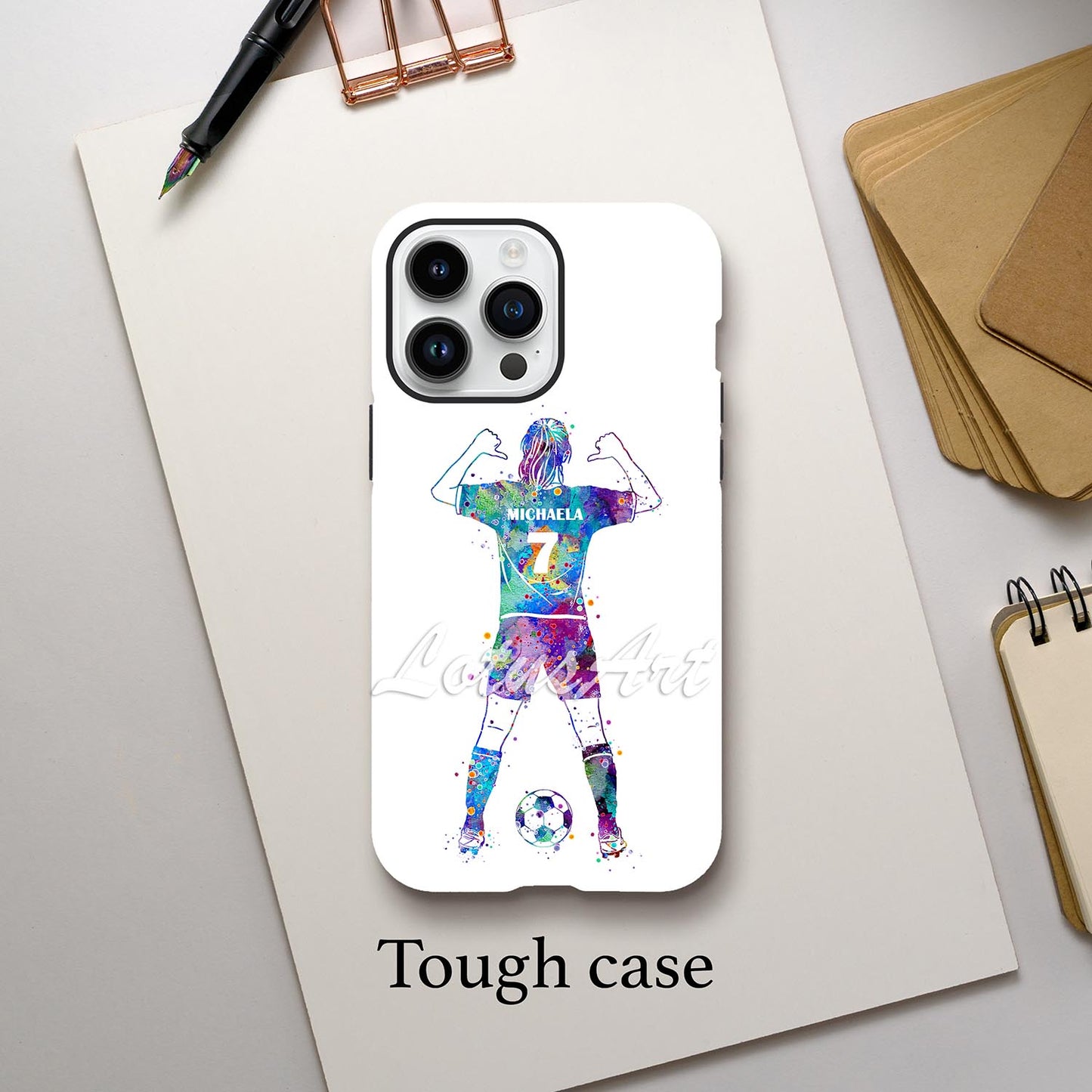 Girl soccer personalized sports phone case purple-blue watercolor, thumbs pointing to name & number, tough case lifestyle