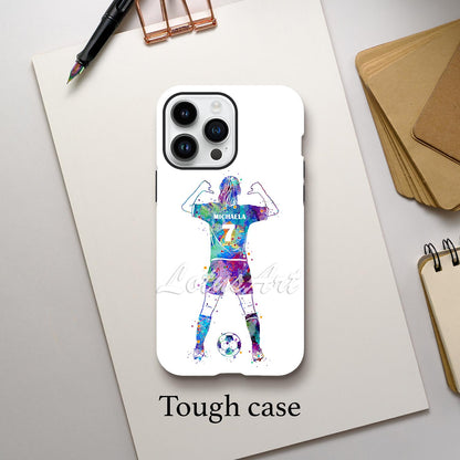 Girl soccer personalized sports phone case purple-blue watercolor, thumbs pointing to name & number, tough case lifestyle