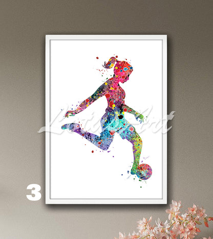 Sports art print depicting a soccer girl kicking the ball - watercolor painting in rainbow colors.
