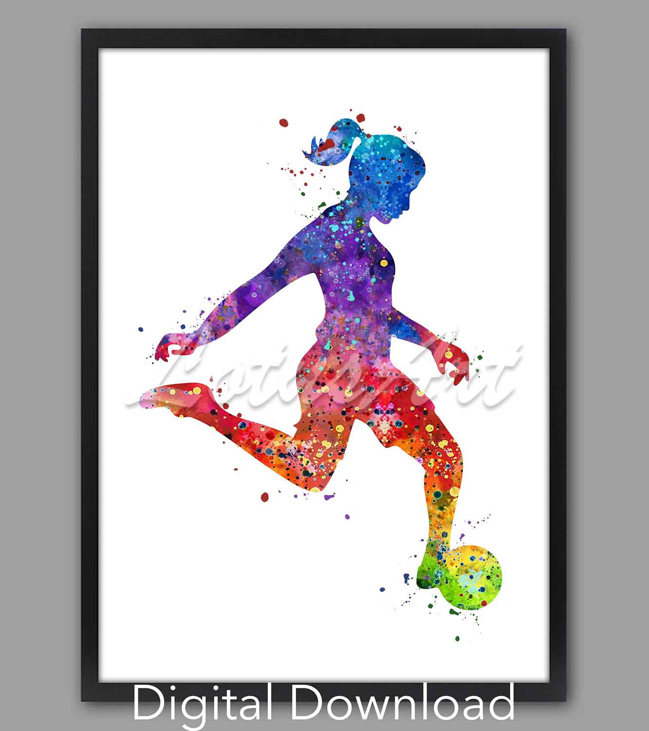 Girl soccer player watercolor print, sports art in rainbow tones, instant digital download for girl athlete room decor