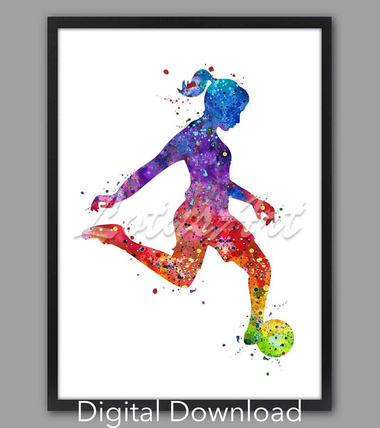 Girl soccer player watercolor print, sports art in rainbow tones, instant digital download for girl athlete room decor