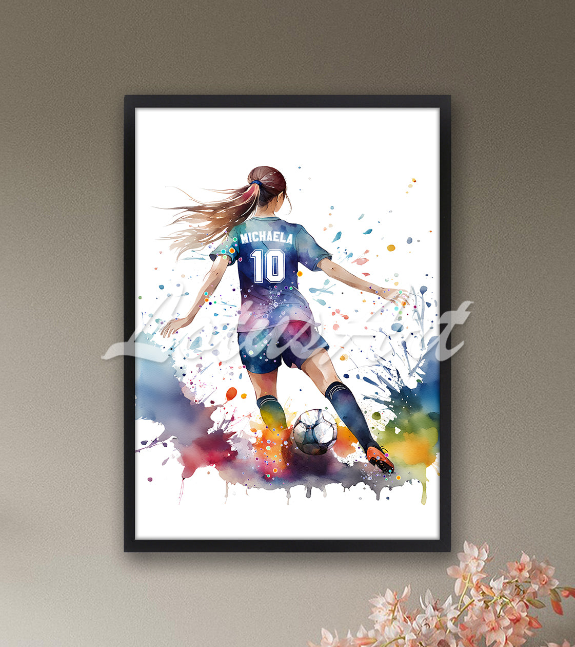 Personalized sports art print depicting a girl soccer player - multi-colored watercolor painting with name and jersey number.