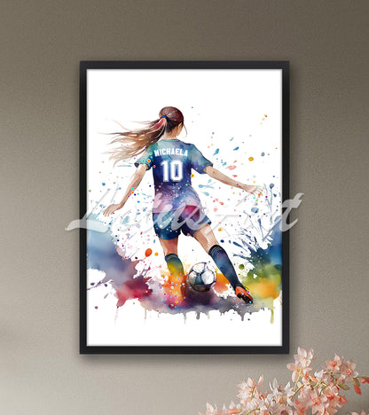Personalized sports art print depicting a girl soccer player - multi-colored watercolor painting with name and jersey number.