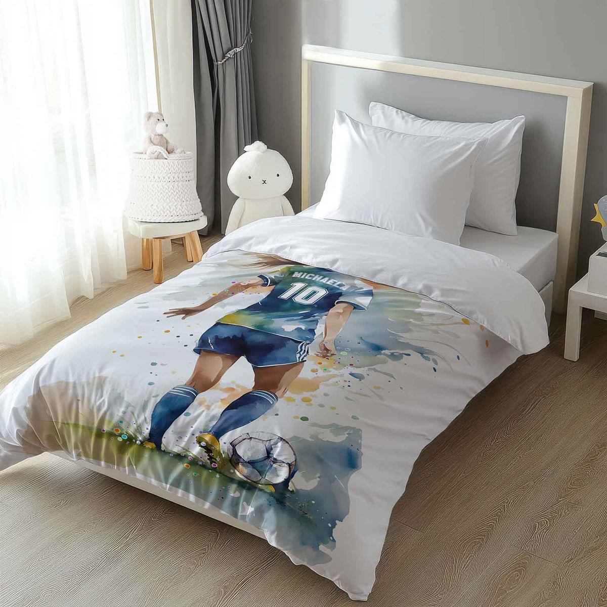 Girl soccer watercolor comforter with custom name and number, personalized sports bedding for teen soccer player