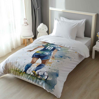 Girl soccer watercolor comforter with custom name and number, personalized sports bedding for teen soccer player