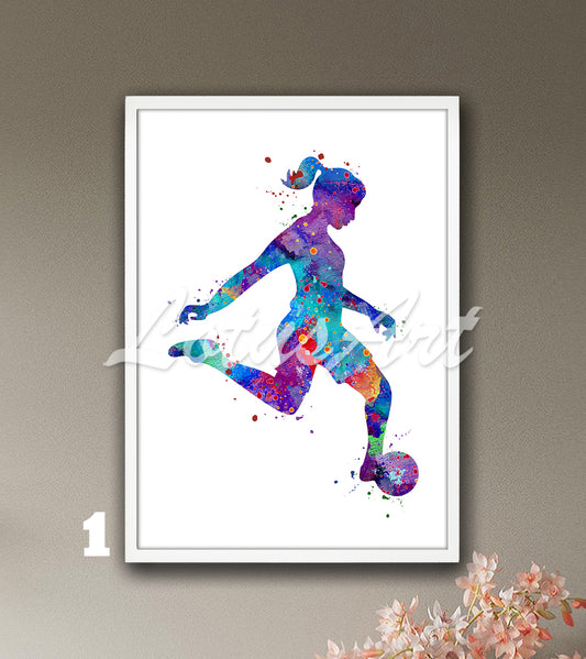 Sports art print depicting a soccer girl kicking the ball - a multi-colored watercolor painting.